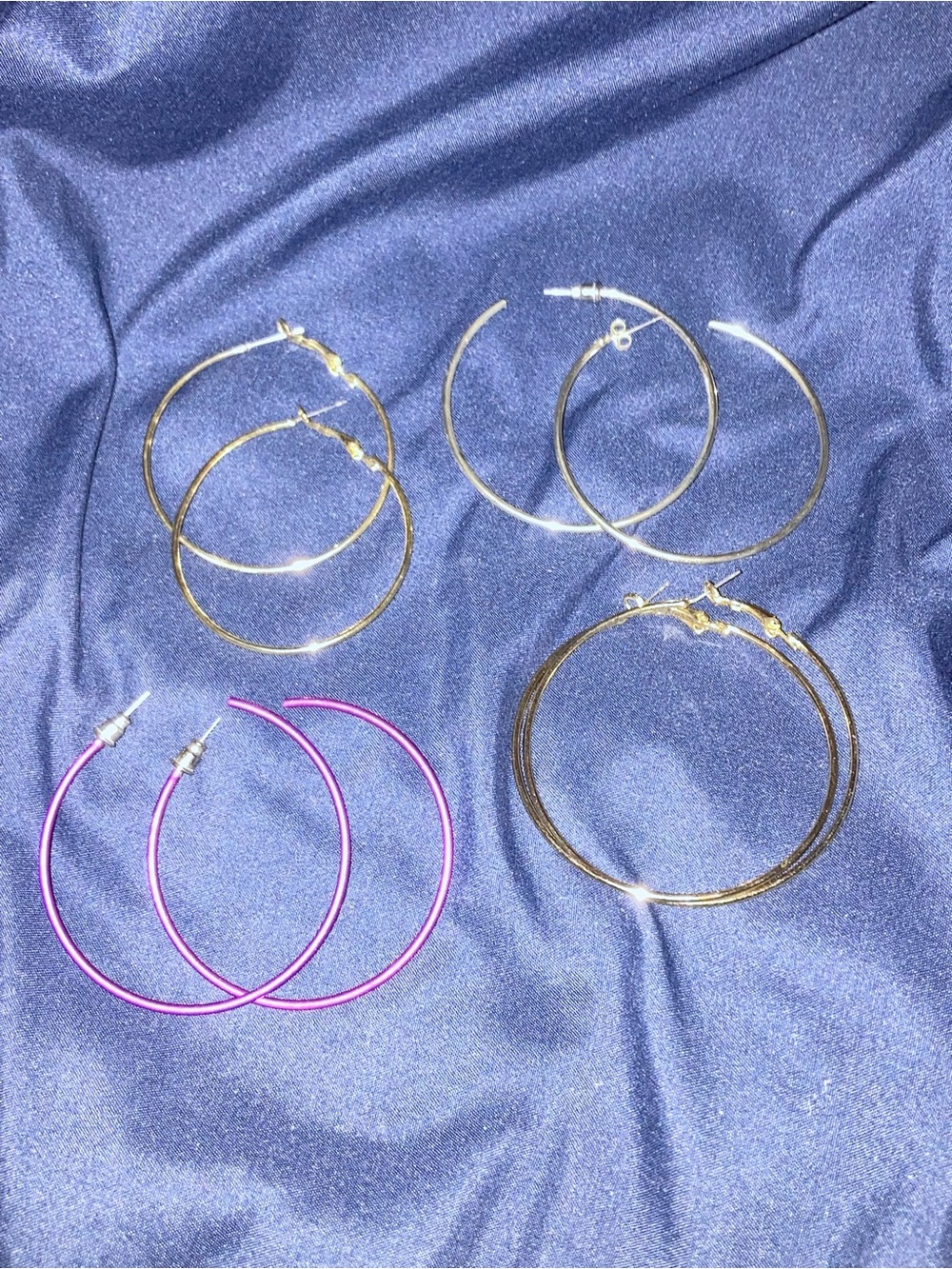 Vintage Gold, (2) Silver, and Purple Hoop Earring Set of 4 Pairs